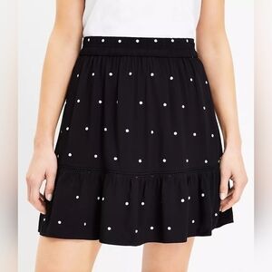 Loft Black Embroidered Polka Dot Flowy Rayon Mini Skirt Girly Feminine Flirty